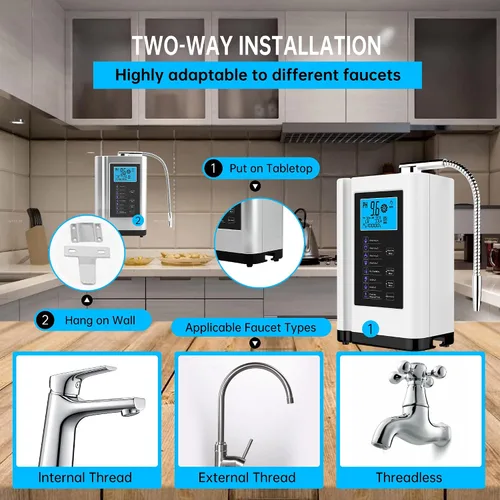 Vista 4 de Ionizador de agua, máquina purificadora de agua PH 3.5-10.5 Máquina de agua de ácido alcalino, hasta -500mV ORP, 8000 litros por filtro, 7 ajustes