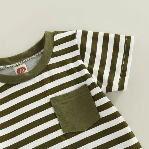 Vista 5 de Conjunto de ropa casual de manga corta con botones y pantalones cortos de lino para bebés y niños pequeños