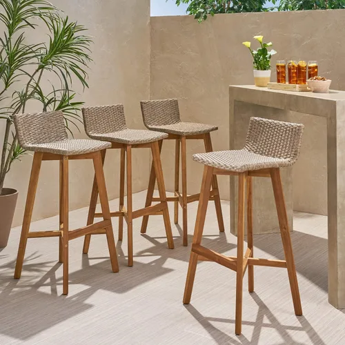Vista 2 de GDFStudio Taburetes de bar de madera y mimbre para exteriores (juego de 4), marrón claro y teca