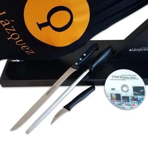 Vista 3 de Paleta Ibérica Kit Profesional, 12 Libras, 2 Años de Curación, 50% Raza Ibérica, 20-25 Porciones + Jamonero Profesional + Juego de Cuchillos ARCOS