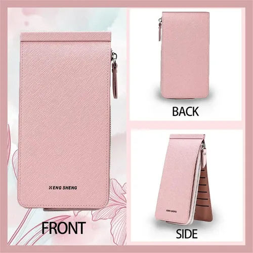 Vista 8 de Cartera larga multifuncional, bolsillo con cremallera para mujer de cuero para tarjetas de crédito, billetera plegable de cuero para tarjetas