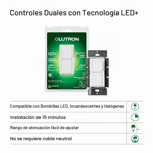 Vista 9 de Lutron Maestro LED+ - Regulador e interruptor dual Bombillas LED de 75 vatios/ventiladores de 2.5 A, un solo polo MACL-L3S25-WH Blanco