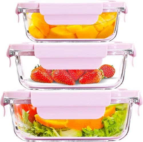 Vista 8 de 6 recipientes rectangulares de vidrio para almacenamiento de alimentos con tapas, recipientes de preparación de comidas para almacenamiento de Azul