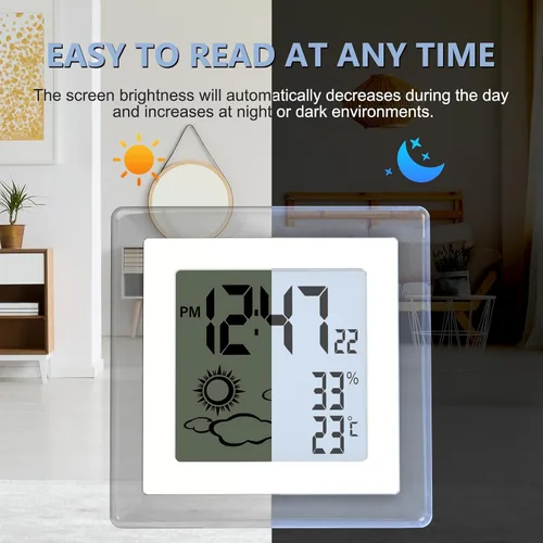 Vista 10 de Reloj pequeño digital, funciona con batería, despertador con retroiluminación automática, temperatura y humedad interior, 12/24H, fecha, reloj