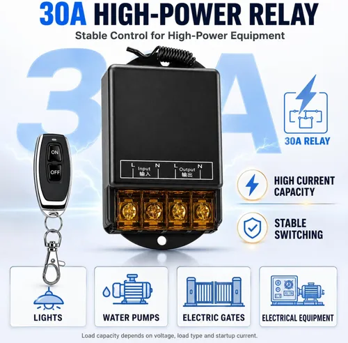 Vista 4 de Interruptor remoto inalámbrico, 110 V/120 V/240 V/30 A Relé Interruptor RF inalámbrico para electrodomésticos, bomba, luces de techo y equipos Negro