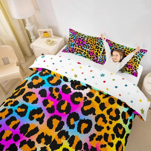 Vista 5 de Feelyou Juego de ropa de cama con estampado de leopardo para niñas, niños y mujeres, funda de edredón de piel de leopardo arcoíris neón, funda