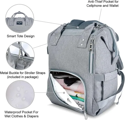 Vista 4 de Mr. Peanut's Tili Dili - Mochila de pañales prémium con puerto de carga USB, PlatinoGris, Mochila