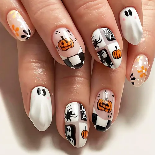 Vista 39 de Paquete de 6 144 uñas acrílicas de Halloween a presión, uñas postizas reutilizables de cobertura completa, uñas postizas adhesivas con pegamento H103