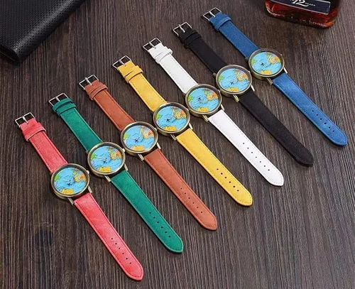 Vista 2 de MINILUJIA Travel The World - Reloj de viaje único con diseño de avión en movimiento y mapa mundial volador con jeans negros, correa de reloj