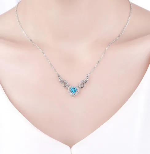 Vista 6 de Fine Jewelry - Collar con colgante de plata de ley 925, piedra preciosa natural, topacio azul suizo, amatista, peridoto, amor, corazón, alas de ángel