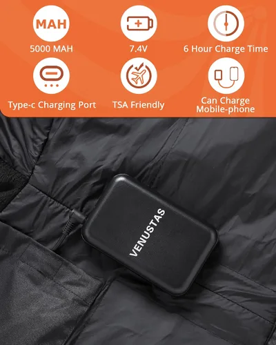Vista 6 de Venustas Chaqueta térmica Sailing para mujer con batería de 7.4 V y capucha retráctil, abrigos térmicos con cremallera