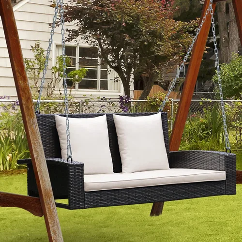 Vista 4 de RELAX4LIFE - Columpio de mimbre de 2 asientos, con dos cadenas de acero sólido de 7.9 pies, cómodos cojines de respaldo y asiento, para pórtico