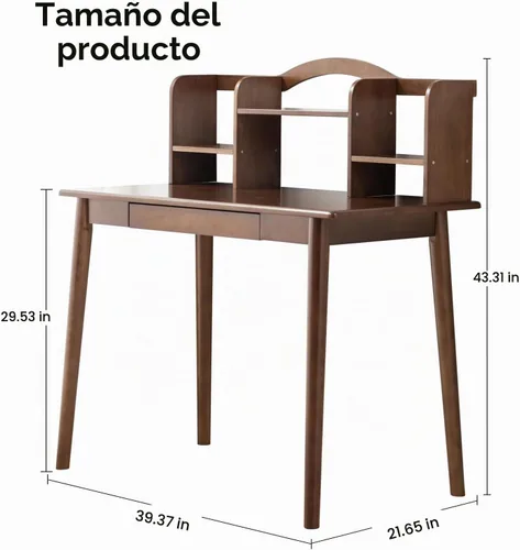 Vista 3 de Escritorio de madera maciza con cajones, escritorio de computadora de madera para oficina en casa (color nogal 40 pulgadas)
