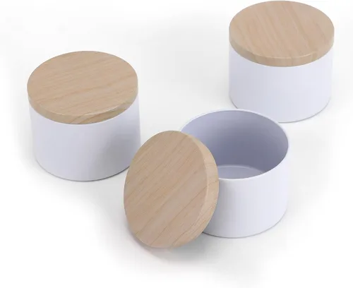 Vista 4 de 24 latas de velas blancas de 8 onzas con tapas de impresión de grano de madera de metal. Tarros de velas, latas de velas a granel para hacer velas