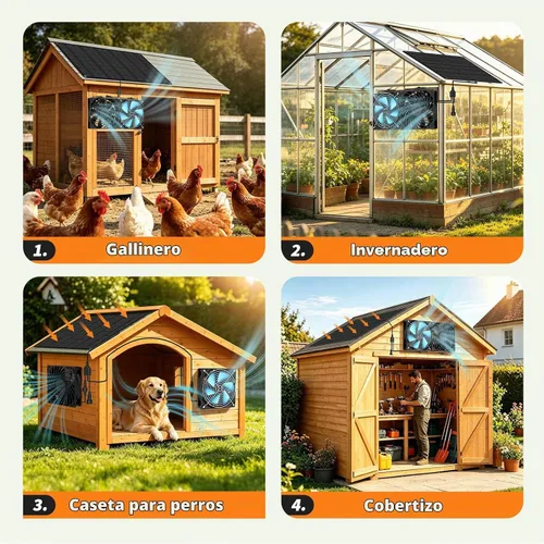 Vista 9 de Ventilador solar – Ventilador de ventilación de entrada y escape de alta velocidad dual para casa de perro, gallinero e invernadero, panel solar