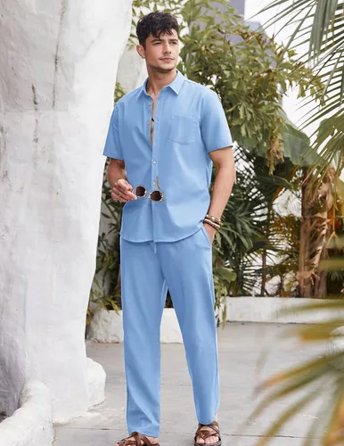 Vista 2 de COOFANDY Conjunto de 2 piezas de lino para hombre, conjunto de camisa y pantalón con botones para la playa