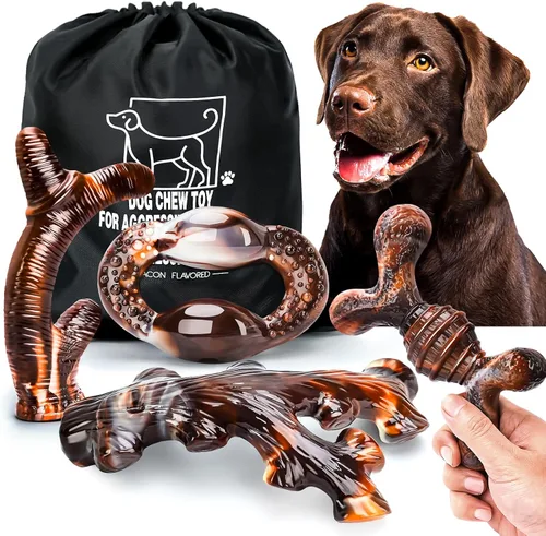 Vista 9 de Paquete de 4 juguetes masticables para perros para masticadores agresivos, juguetes resistentes e indestructibles para perros con sabor a tocino
