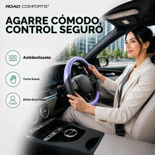 Vista 3 de Road Comforts Funda para Volante – Funda para Volante de Cuero Transpirable, Agarre Antideslizante, Ajuste Universal de 14.5" a 15", Resistente al