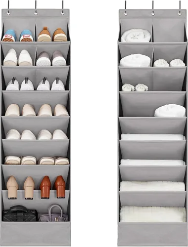 Vista 9 de Paquete de 2 organizadores de zapatos con 6 bolsillos extra grandes y 4 bolsillos grandes, estante de almacenamiento resistente sobre la puerta