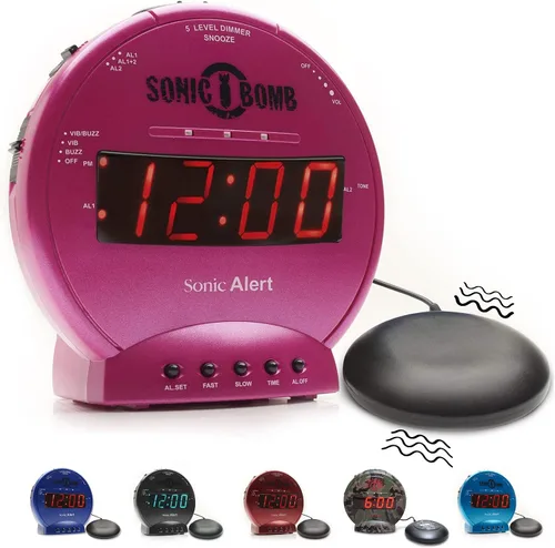 Vista 12 de Sonic Bomb - Reloj despertador doble extra fuerte con vibrador de cama, negro Sonic Alert vibrante, para personas de sueño pesado, batería