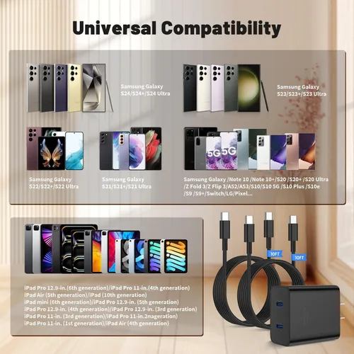Vista 7 de Cargador súper rápido de 45 W de doble puerto con cable largo USB C a C de 10 pies, bloque de cargador de pared tipo C y cable de carga de teléfono