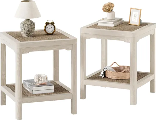 Vista 16 de Eclatara Mesitas de noche de ratán, mesa auxiliar de 2 niveles para dormitorio, mesa auxiliar de polígono decorativa para espacios pequeños, mesa