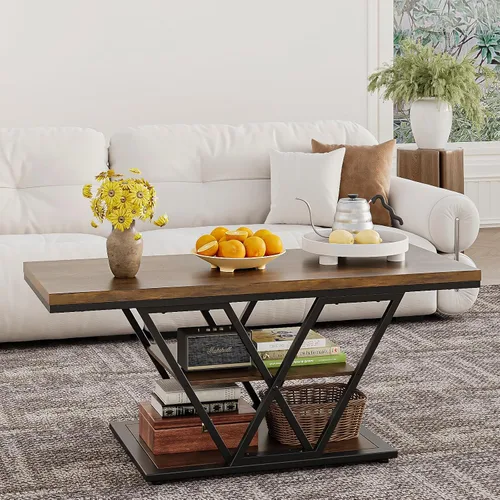 Vista 3 de Espelism Mesa de centro industrial con almacenamiento de 3 niveles para sala de estar, mesa rectangular de madera para cóctel, mesa de té rústica