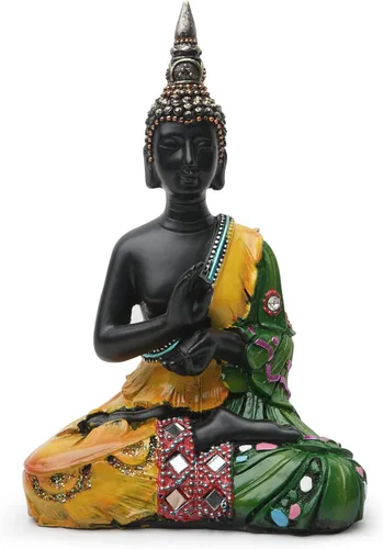 Vista 10 de Escultura meditadora de Buda Polystone, estatuas de Buda pintadas a mano, estatuas de Buda para el hogar, decoración de meditación, decoración Azul