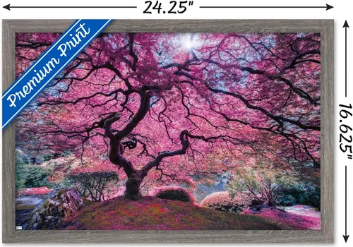 Vista 3 de Trends International Póster de pared Pink Tree 2 de Moises Levy, 22.4 pulgadas de largo x 14.7 pulgadas, versión enmarcada en madera de granero