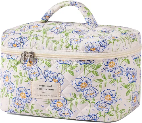 Vista 18 de uekeboag - Bolsa de maquillaje grande de viaje acolchada para mujer, neceser de algodón con estampado floral, neceser con estampado floral