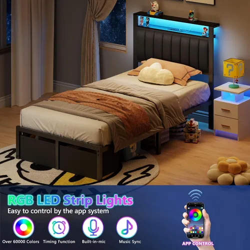 Vista 6 de Furnulem Bases de Cama Individual con Estación de Carga y Luces LED, Cabecero Tapizado Gris con Estantes, Cama de Plataforma de Metal con 2