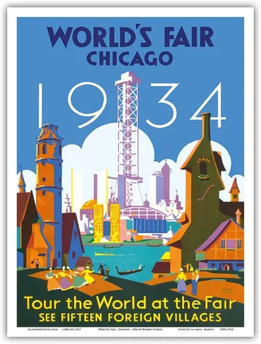 Vista 9 de 1934 World's Fair Chicago - Tour the World at the Fair - Vintage Travel Poster by Weimer Pursell c.1934 - Master Art Print (Unframed) 6in x 9in