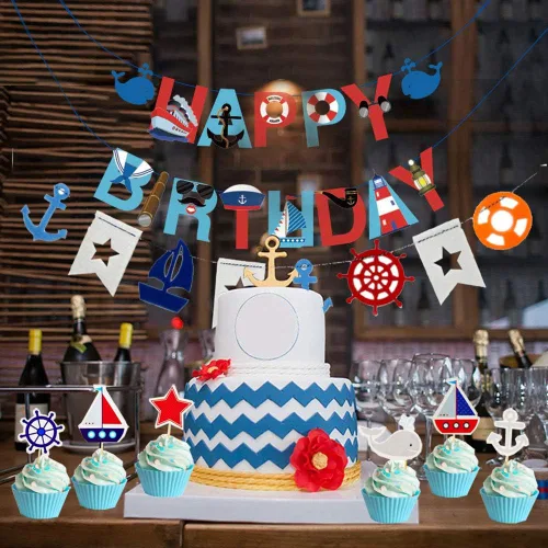 Vista 3 de 77 piezas de suministros náuticos para fiestas: pancarta náutica de feliz cumpleaños, banderines, 30 globos de látex (rojo, azul, blanco), 24