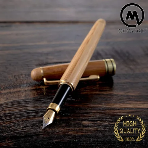 Vista 5 de MONAGGIO Pluma estilográfica de bambú hecha de madera de lujo con convertidor recargable, juego de caja de madera y punta fina. Funciona sin