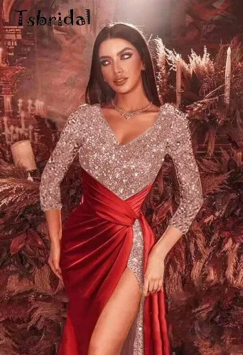 Vista 3 de Tsbridal Vestidos de fiesta de lentejuelas con purpurina, vestido de noche formal con abertura de sirena de satén, vestido largo brillante