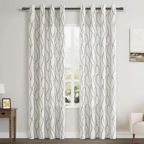 Vista 26 de Joywell Cortinas jacquard con ojales para sala de estar, 108 pulgadas de largo, línea ondulada negra con patrón de puntos, cortinas bordadas