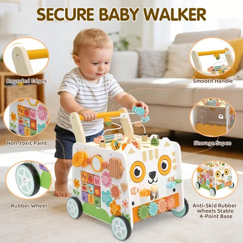 Vista 4 de Weilim Wooden Baby Push Walker with Activity Center, Montessori Toy 12M+