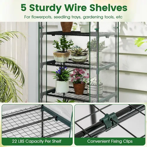 Vista 4 de Giantex Mini invernadero para interiores y exteriores, 27 x 19 x 75 pulgadas, casa portátil de cultivo de plantas con estantes de 5 niveles