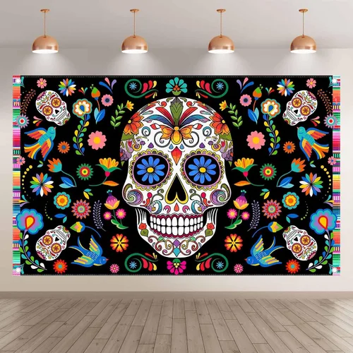 Vista 2 de Telón de fondo de tela para el Día de los Muertos, 96 x 60 pulgadas, fiesta mexicana, calavera de azúcar, flores, fondo de fotografía Dia DE Los