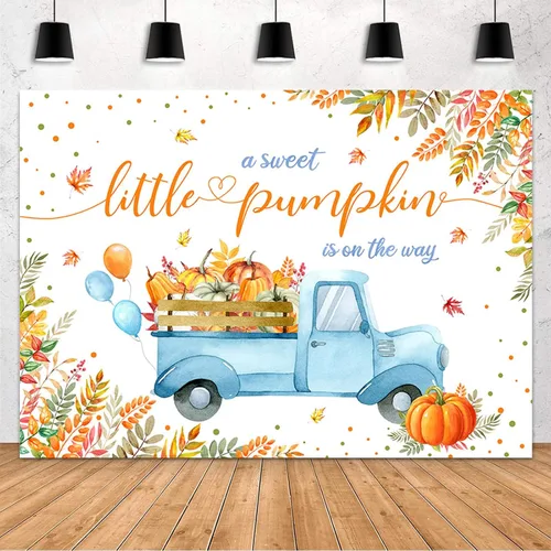 Vista 7 de MEHOFOND Telón de fondo de calabaza para baby shower de 7 x 5 pies, diseño de calabaza dulce está en camino, fondo azul para fotografía de hojas