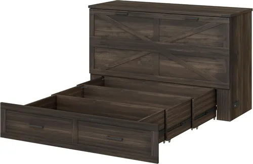 Vista 4 de SOFTSEA Queen Size Farmhouse Murphy Cabinet Bed with Charging Station, Foldable Platform Bed with Large Storage Drawer for Guestroom, Small Bedroom