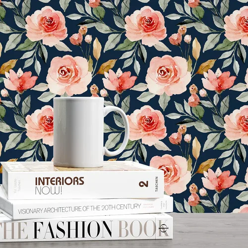 Vista 2 de Papel tapiz floral con fondo azul marino, autoadhesivo, extraíble, acuarela, flores, vinilo, papel de pared para estantería, encimera, decoración