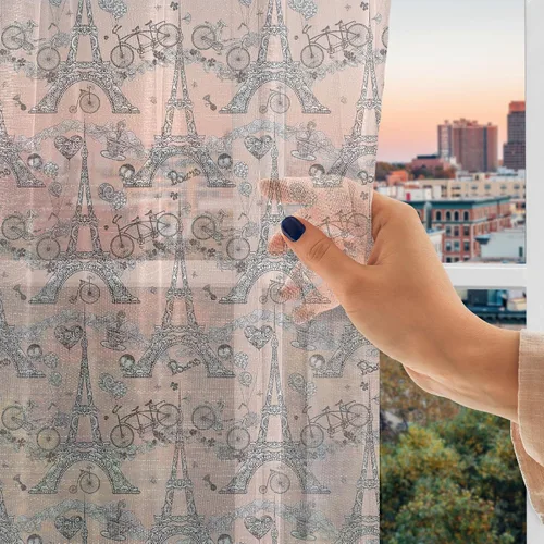 Vista 3 de Ambesonne Cortinas de tul Eiffel con bolsillo para barra, globos retro de corazón de café, remolinos de hito francés, cortina transparente