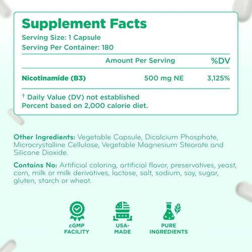 Vista 8 de Vitamina B3 Nicotinamida 500 mg – Forma de alta absorción de vitamina B3 Niacina sin enjuague para oír la piel, cerebro y apoyo energético