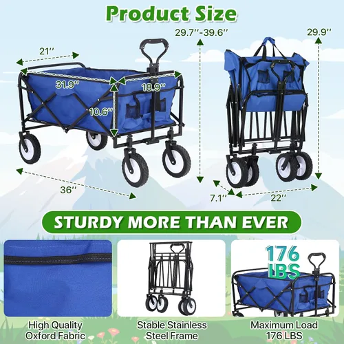 Vista 6 de HKLGorg Carrito plegable con ruedas, resistente, portátil, plegable, con asa, para campamento, comestibles, playa, (azul)