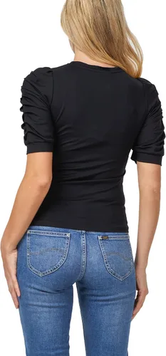 Vista 3 de SDEER - Camiseta básica de manga abombada para mujer, cuello redondo, manga corta, ajustada, blusas