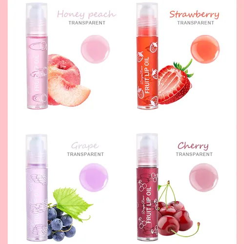 Vista 2 de Juego de 4 brillos de labios enrollables de fruta, brillo de labios transparente, gel de labios líquido, aceite de labios hidratante, no pegajoso