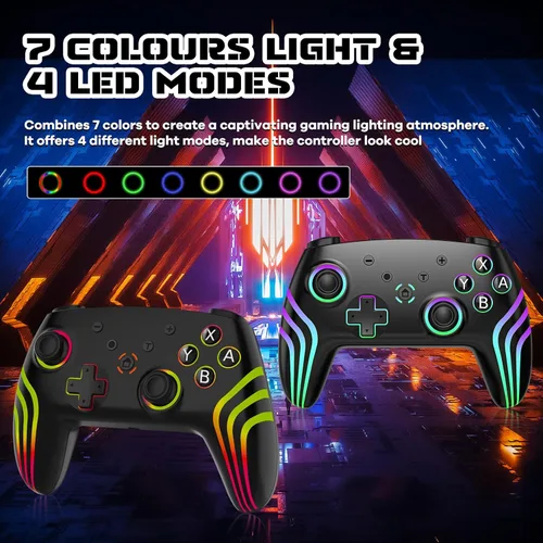 Vista 2 de MYSTILUCK Wireless Pro Controller for Switch/Switch 2/Lite/OLED/PC, Gamepad with 7 Color-Changing RGB Lighting/Dual Vibration/6-Axis