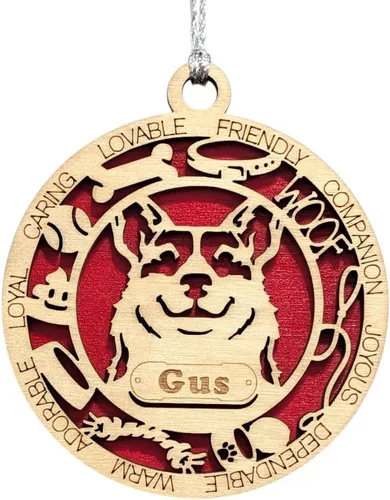 Vista 179 de Adorno de Navidad personalizado para perro Cavalier King Charles Spaniel, redondo de 3 pulgadas, madera cortada con láser de 2 capas, nombre y texto
