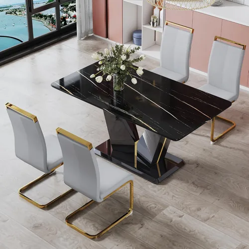 Vista 6 de Juego de mesa de comedor de mármol negro de lujo para 4, mesa de cocina moderna con 4 sillas de comedor de cuero gris claro dorado, mesa de comedor